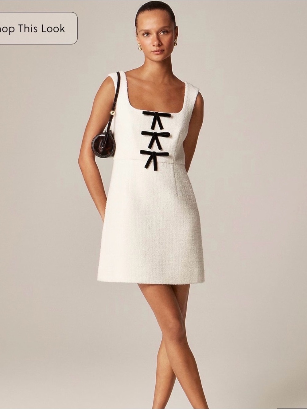 J. Crew Off White Tweed Mini Dress with Black Bow Trim
